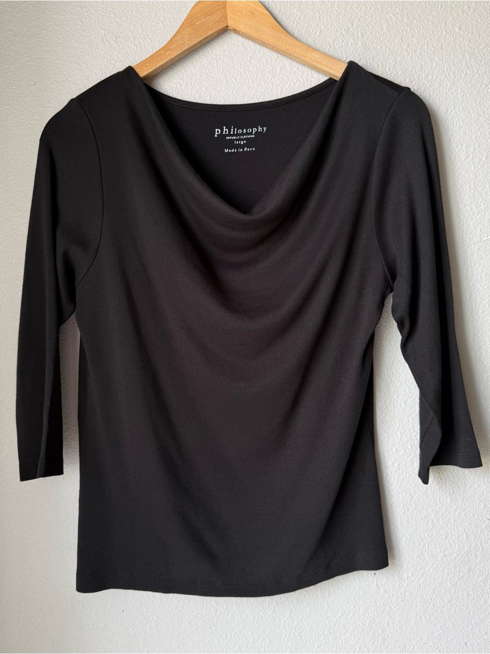 Philosophy Black Draped Neck 3/4 Sleeve Top Women’s Size Large Soft Fabric